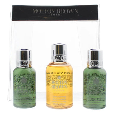 Molton Brown 3 Piece Gift Set: Suma Ginseng Body Wash 50ml - 2 x Fabled Juniper  Lapp Pine Body Wash 30ml Molton Brown