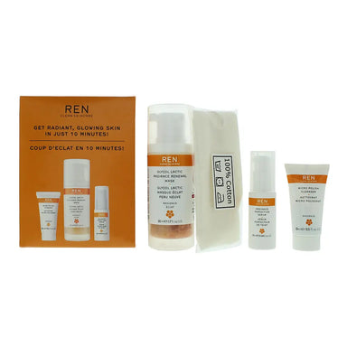 Ren Radiance 4 Piece Gift Set: Glycol Lactic Mask 50ml - Micro Polish Cleanser 30ml -Radiance Serum 15ml - Resurfacing AHA 2ml Ren
