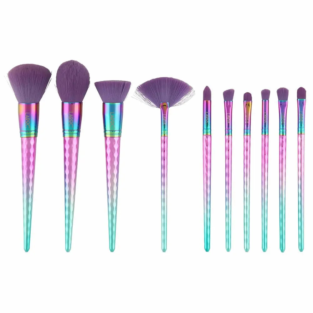 LaRoc 10 Piece Diamond Makeup Brush Set - Rainbow